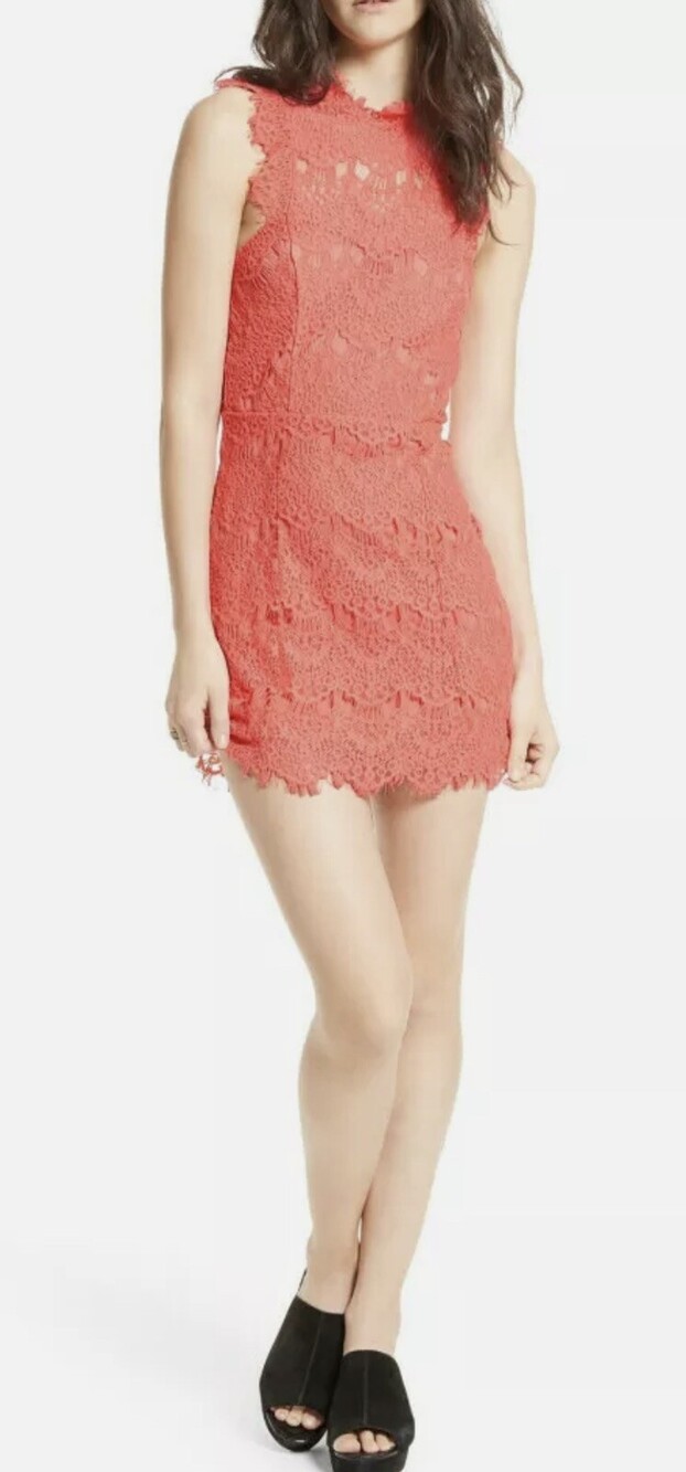 NWT Free People Womens Daydream OB518214 Mini Dress Coral Orange Lacey Crochet